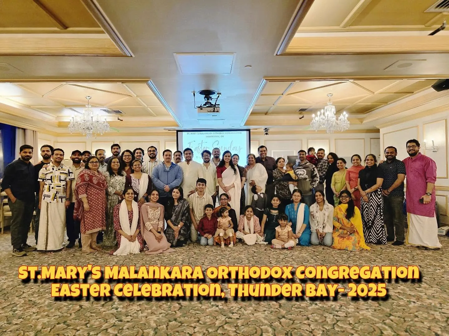 Group photo of St. Mary's Orthodox Congregation parish family at the Easter Celebration 2025 in Thunder Bay